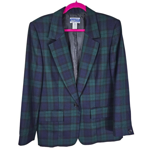 Vtg 80s Pendleton Black Watch Green Tartan Plaid Wool Blazer 12 Classic Academia - Picture 1 of 13